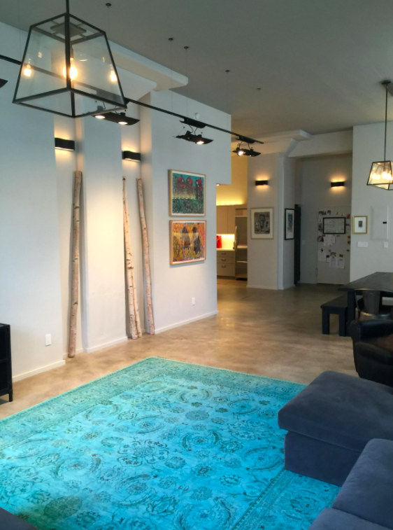 Living room with a turquoise rug, black ceiling lights, and various wall art, including three long wooden branches leaning against the wall