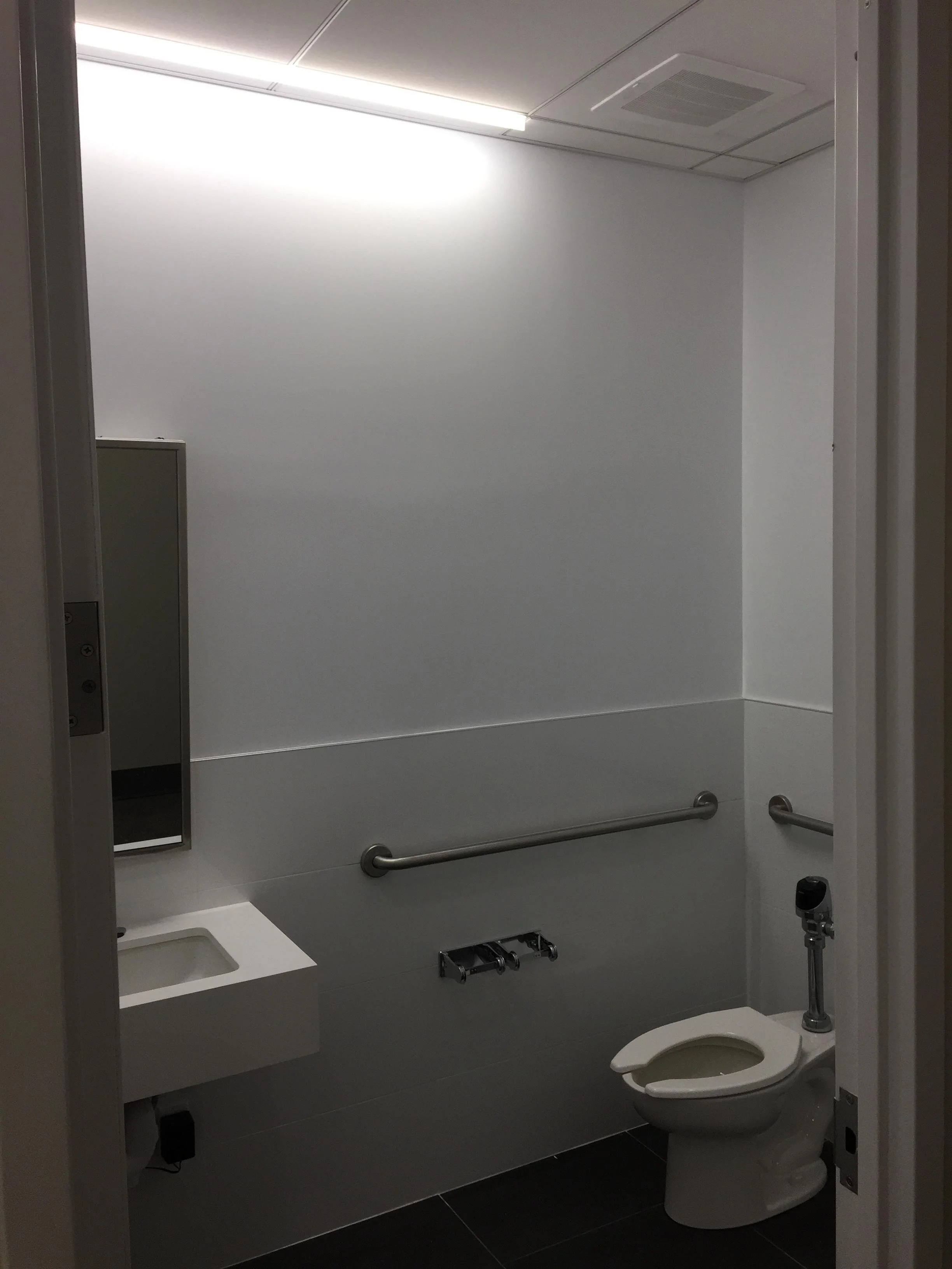 A bathroom with a white wall, a small white sink, a mirror, safety grab bars, a toilet, and a black toilet paper holder, all in a sterile, clean environment.