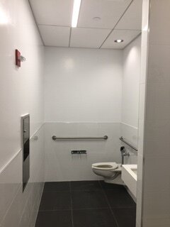 Accessible bathroom stall with white walls, a toilet, grab bars, and a stall door.