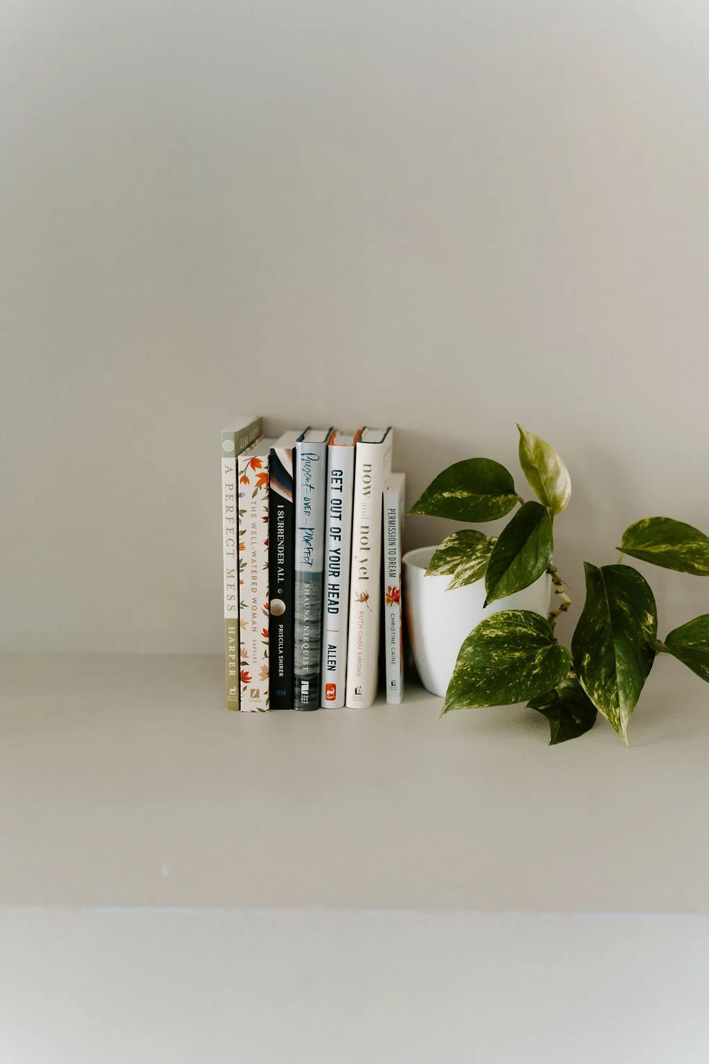 Books lined up next to a potted pothos plant on a minimal beige shelf.