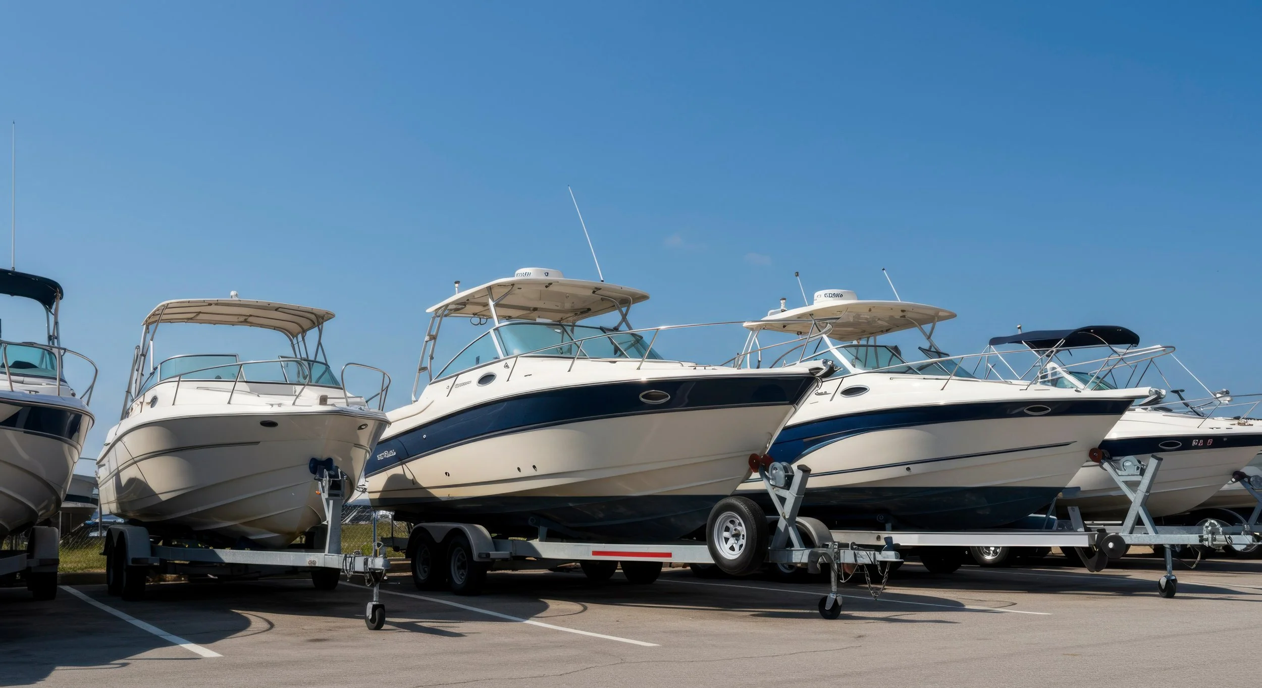 Multiple boats on trailers parked in a lot under a clear blue sky.