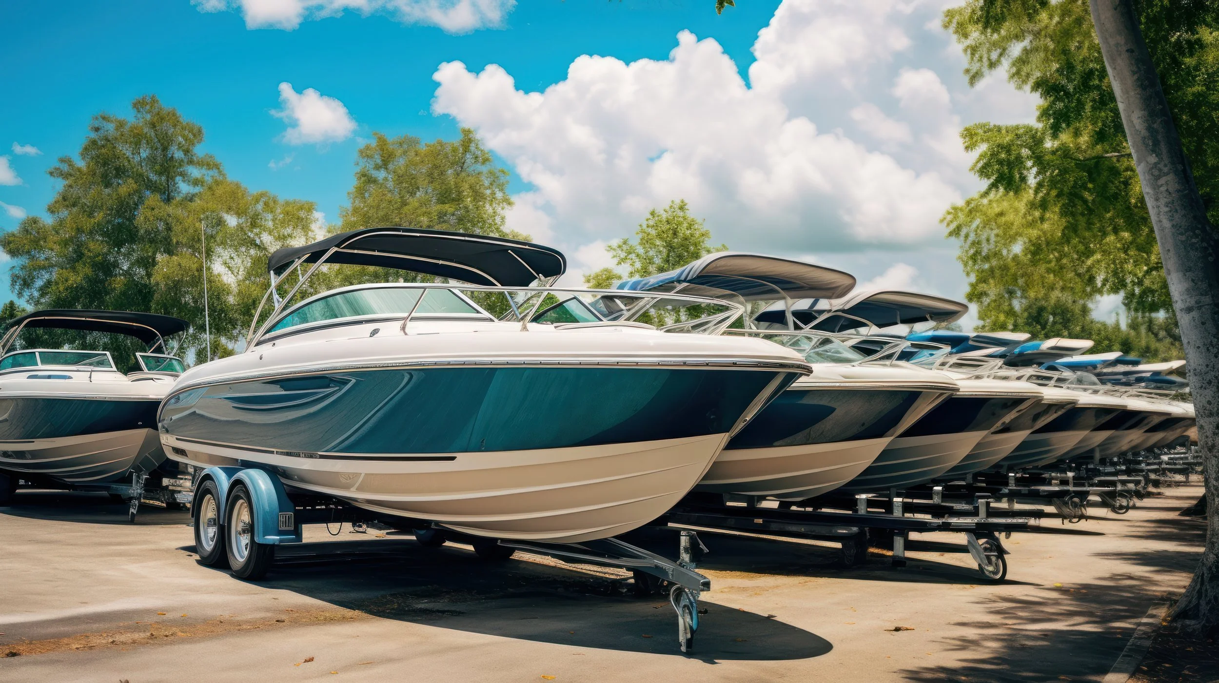 Multiple boats on trailers parked outdoors under a blue sky with clouds and green trees.
