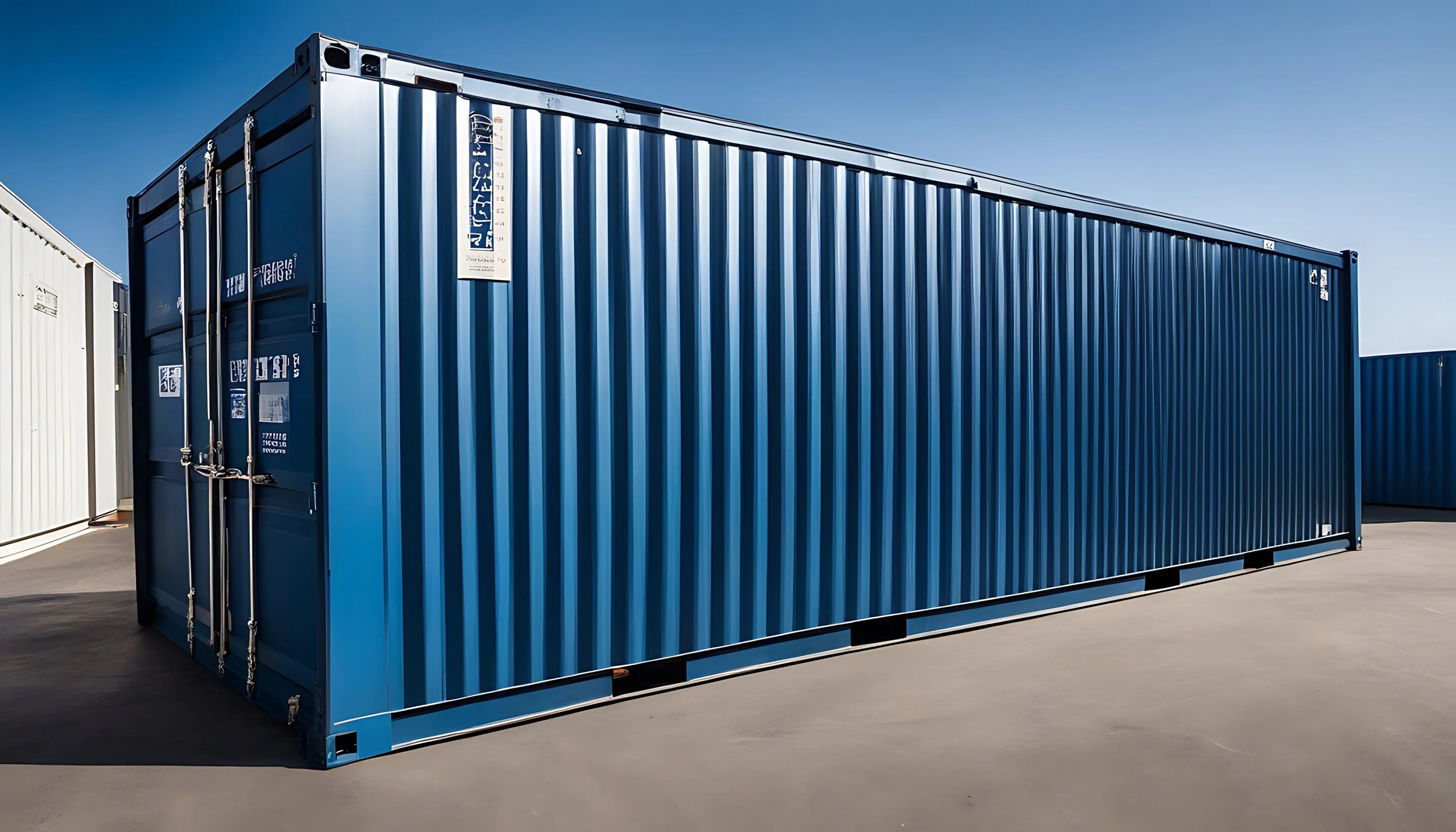 A large blue shipping container on a concrete surface under a clear blue sky.