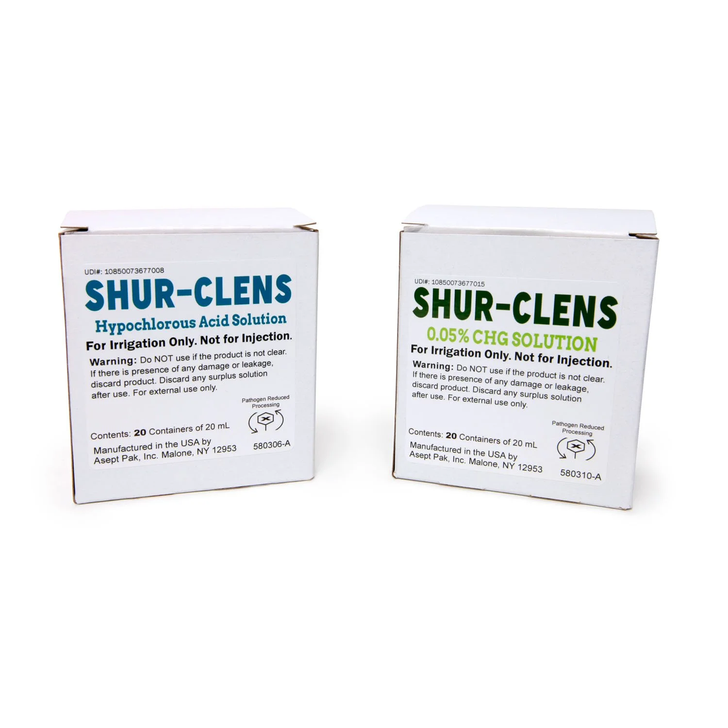 Two boxes of Shur-Clens irrigation solution, one labeled hypochlorous acid and the other a 0.05% CHG solution, with white background.