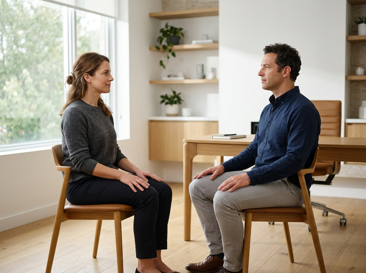Myofunctional therapist meeting with an adult patient to discuss breathing and oral posture concerns.