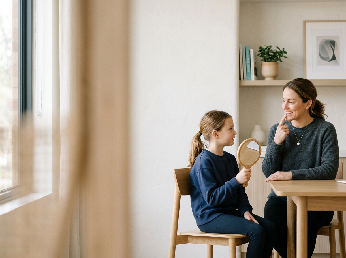 Myofunctional therapist working with a child on tongue posture and swallowing awareness.