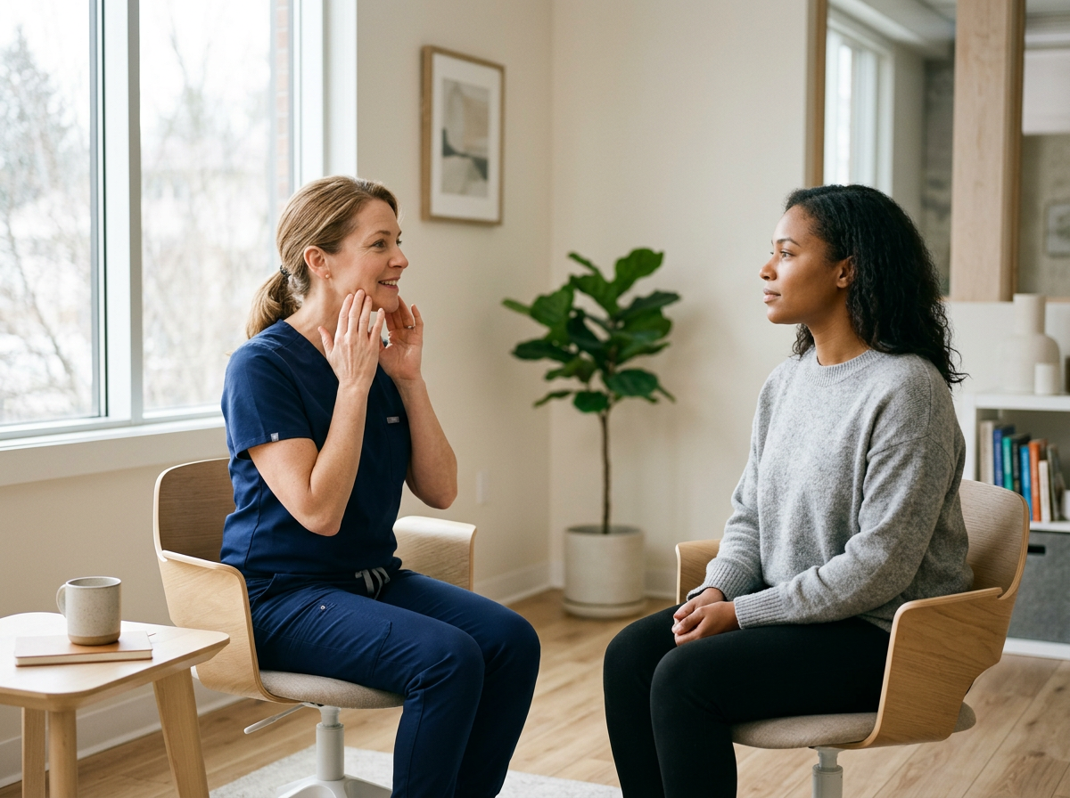 Myofunctional therapist guiding an adult patient through jaw relaxation and oral posture exercises.