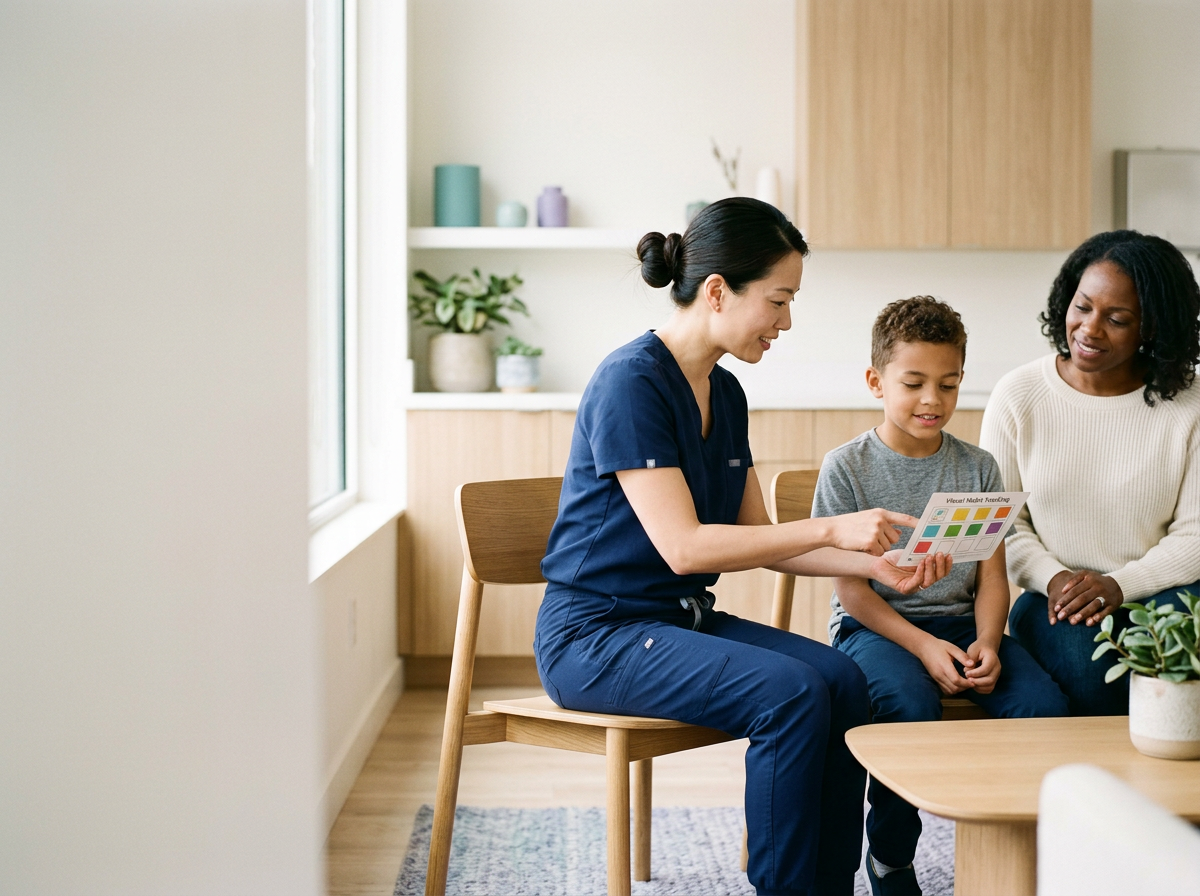 Myofunctional therapist meeting with a child and parent during an oral habit support session.