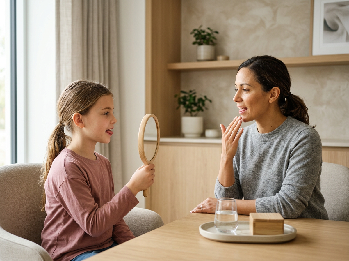 Myofunctional therapist guiding a child through tongue mobility and oral function exercises.