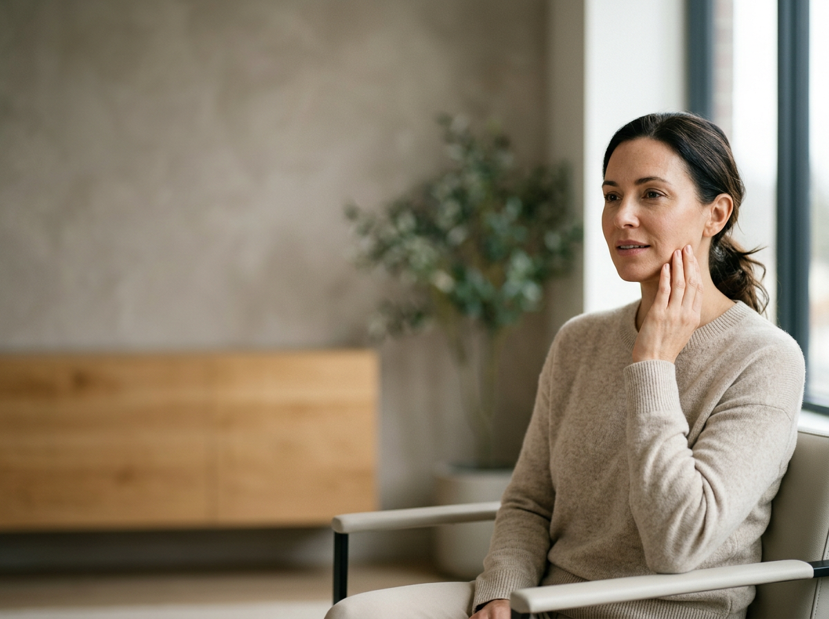 Adult woman touching the side of her jaw, representing jaw tension.