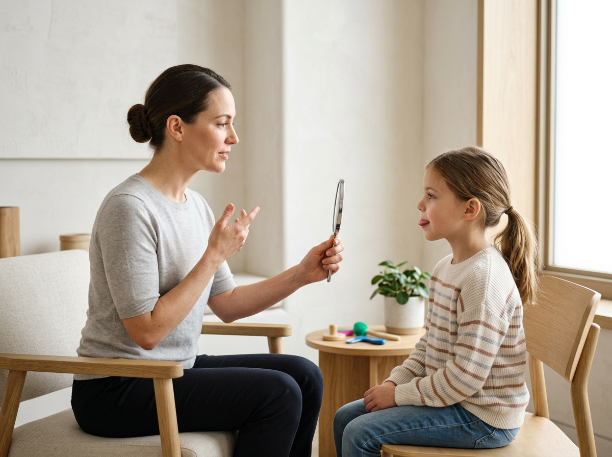 Myofunctional therapist guiding a child through oral posture and habit awareness exercises.