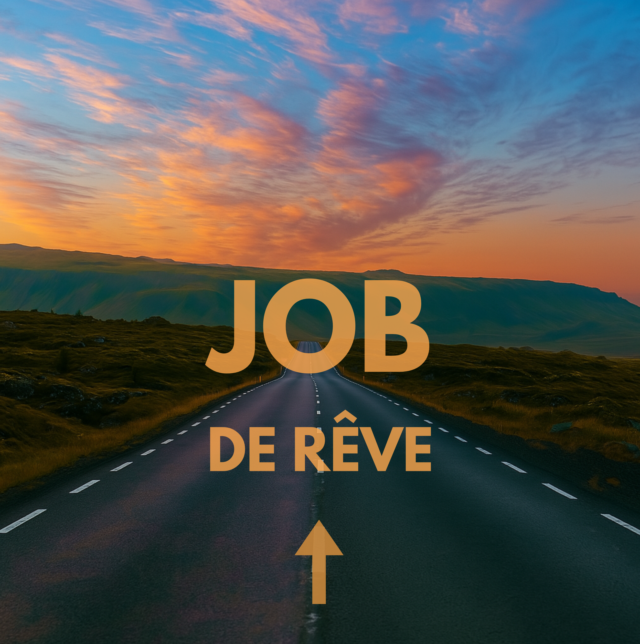 Une route droite en pleine campagne avec un ciel coloré au coucher du soleil. Sur l'image, le texte en français : "Job de rêve" avec une flèche pointant vers le haut.