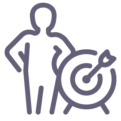 Icône d’une personne debout à côté d’une cible avec flèche — illustrant la clarté d’objectif et le passage à l’action.