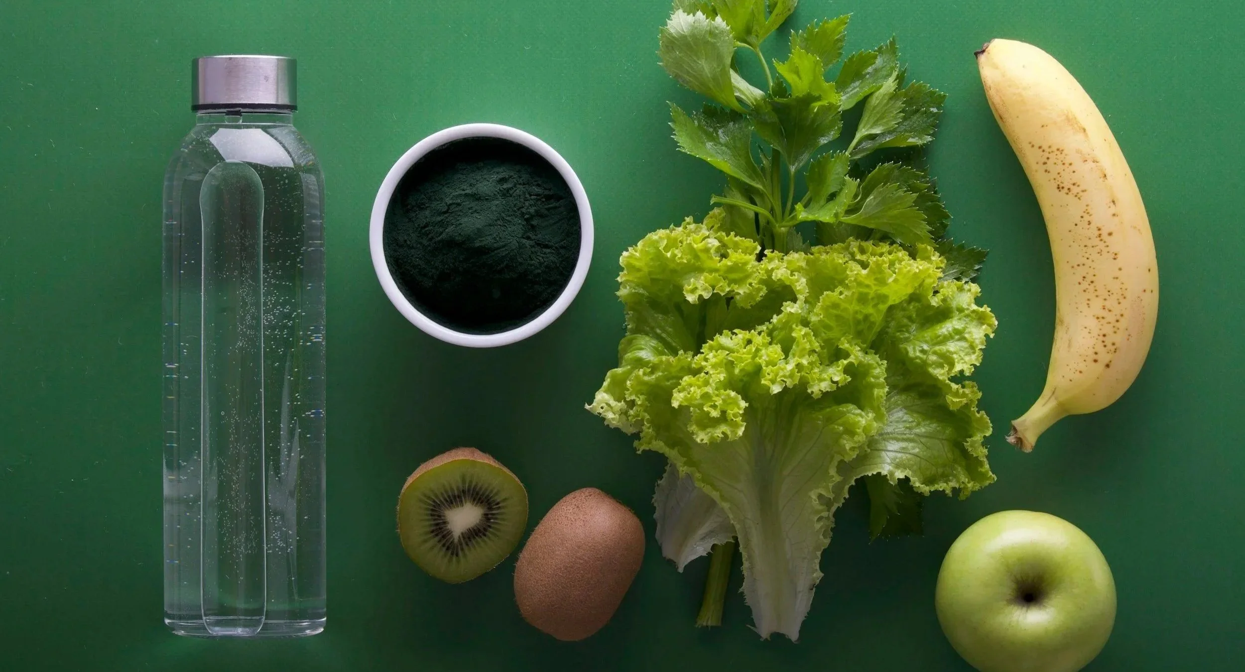 Aliments verts et naturels sur fond vert — incluant laitue, céleri, pomme verte, kiwi et spiruline — illustrant un coaching axé sur l’énergie, la vitalité et l’équilibre corporel.