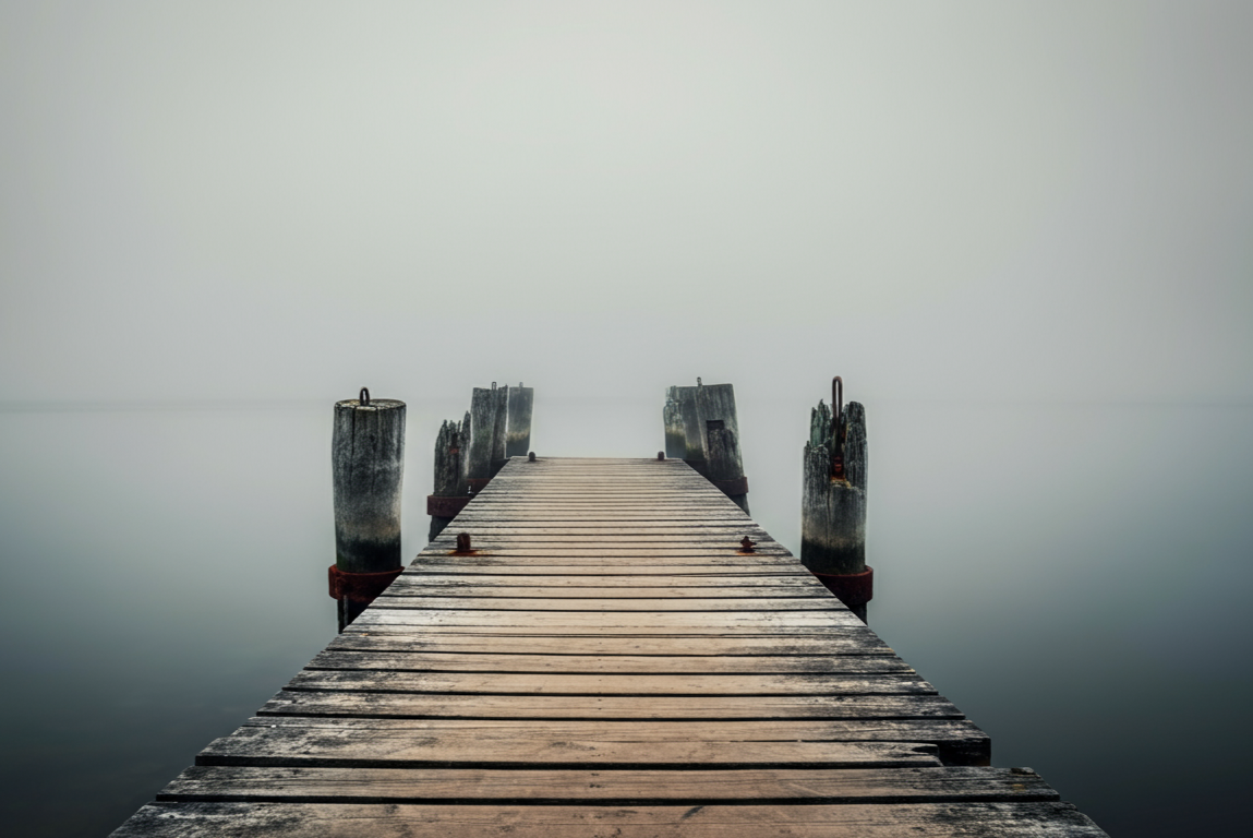 Ponton en bois s’enfonçant dans la brume — métaphore visuelle d’un chemin intérieur vers la clarté, le sens et le réalignement personnel.