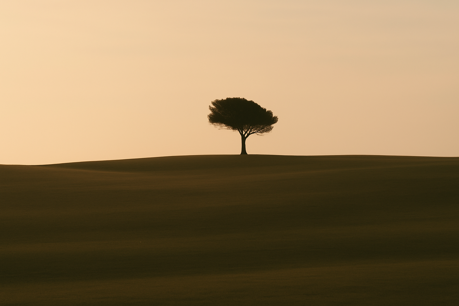 Silhouetted lone tree on a gently rolling hill during sunset or sunrise with a soft, pastel sky in the background.