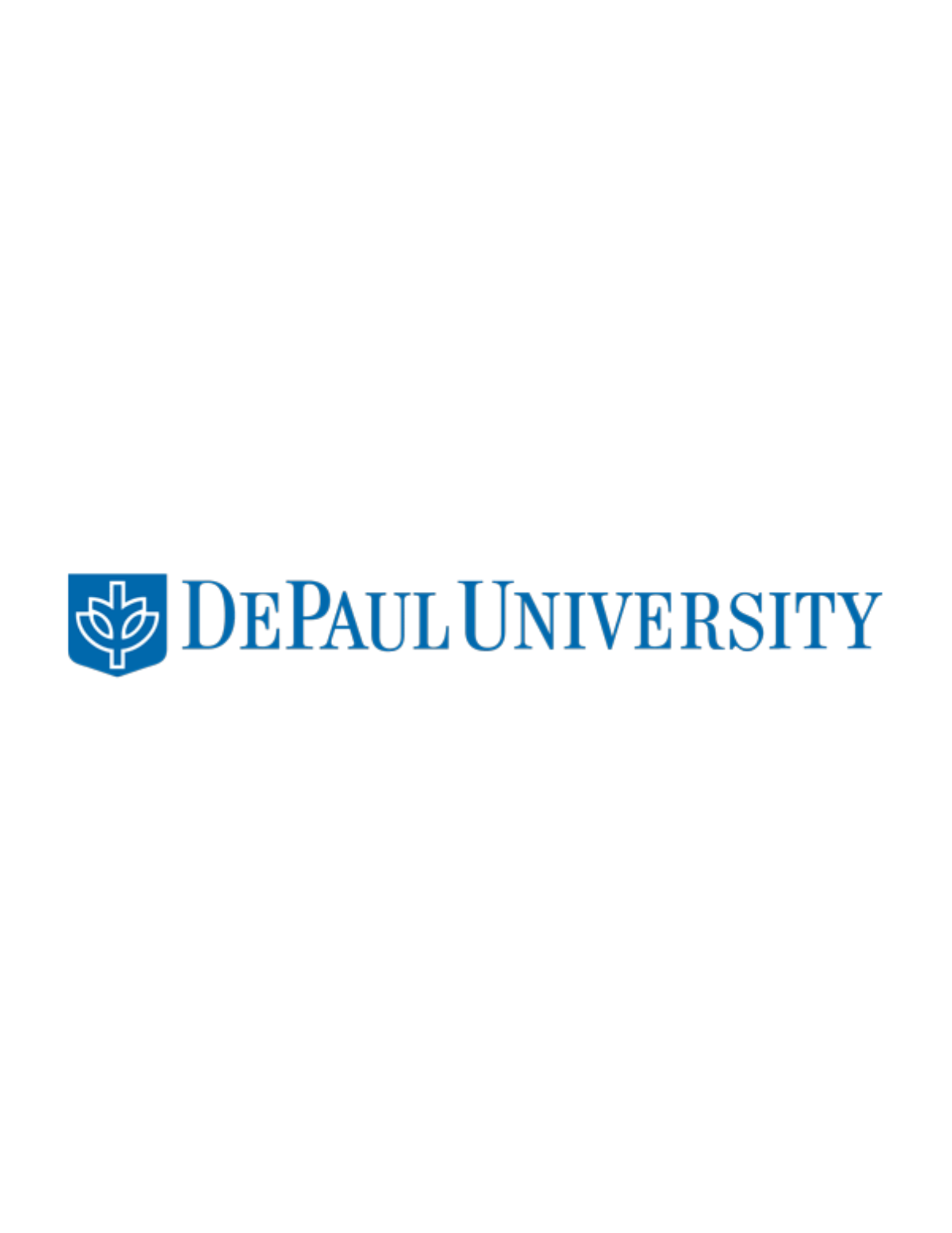 DePaul University logo with a blue shield containing a white cross and a white flower, and the words 'DePaul University' in blue text.
