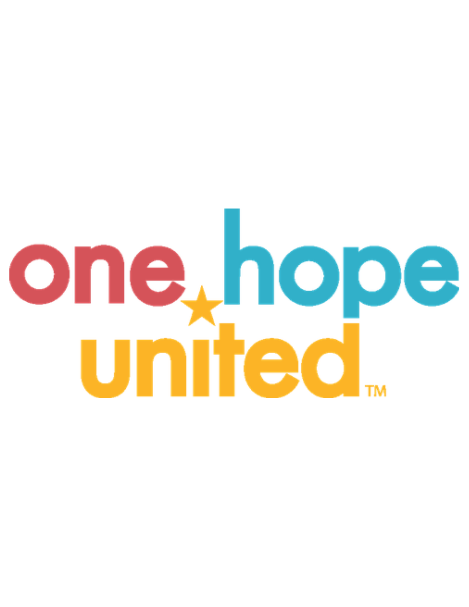 Logo with the words 'one hope united' in red, blue, and yellow with a small gold star between 'one' and 'hope'.