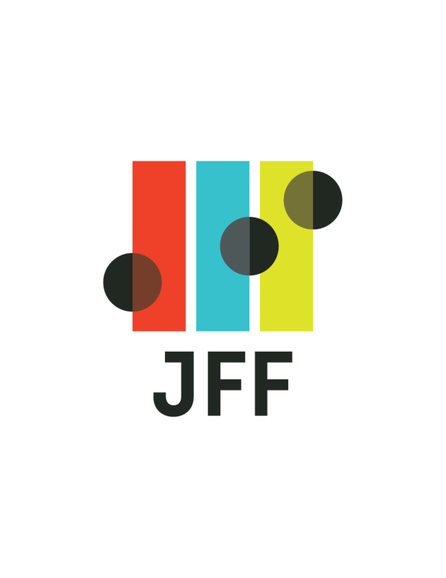 Colorful abstract logo with three vertical rectangles in red, turquoise, and yellow, each with a black circle overlay, and the letters 'JFF' below.