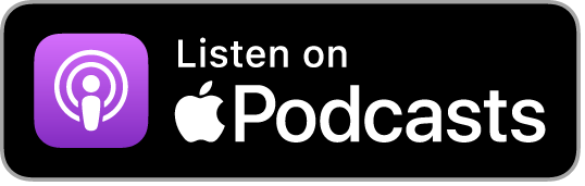 Podcast icon with purple background and white microphone, text says 'Listen on Apple Podcasts'.