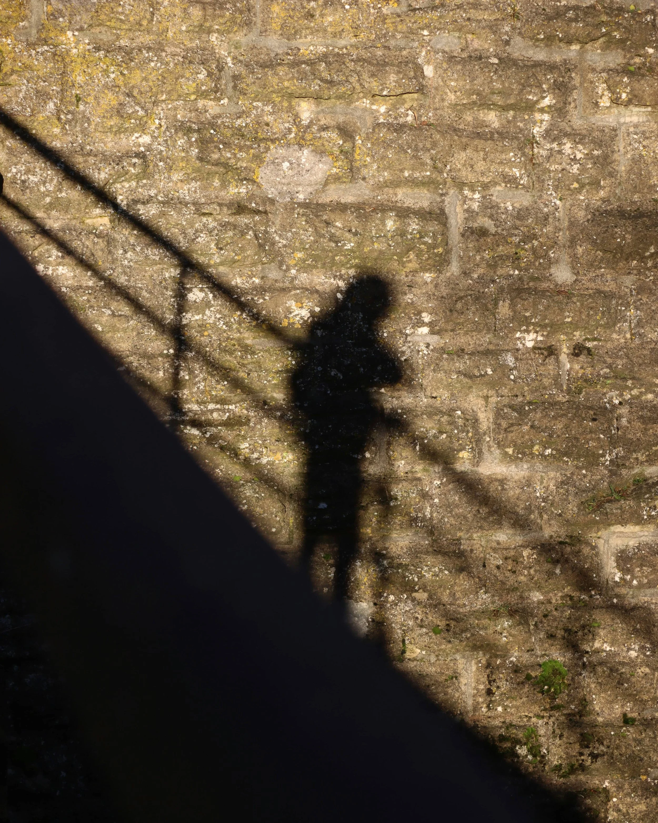 Shadow of a person standing on a brick wall wall with shadow of metal railing in the sunlight.