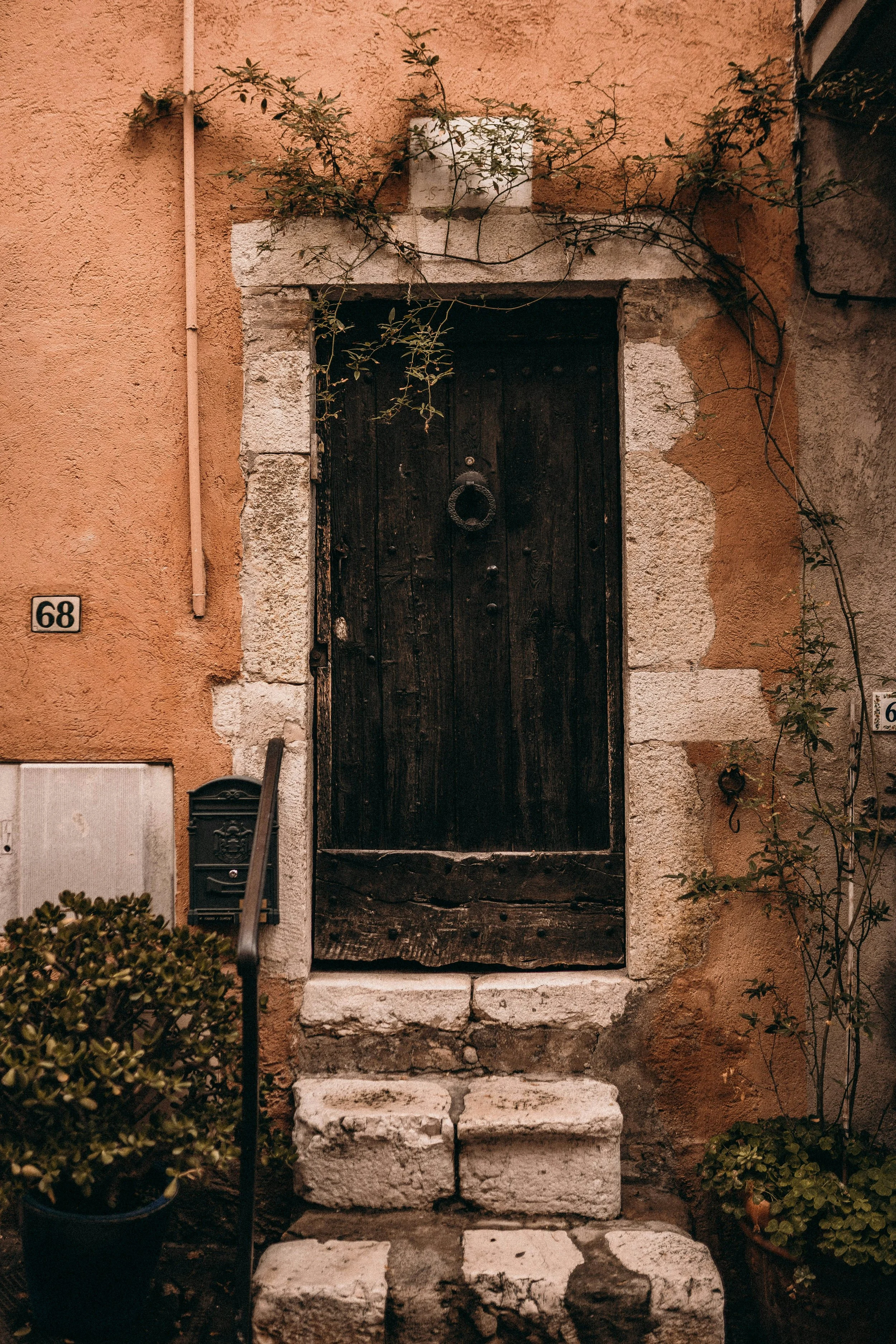 Old rustic wooden door with black paint, surrounded by stone frame, accessed by three uneven stone steps. Orange stucco wall with some greenery and vines growing around the door area.