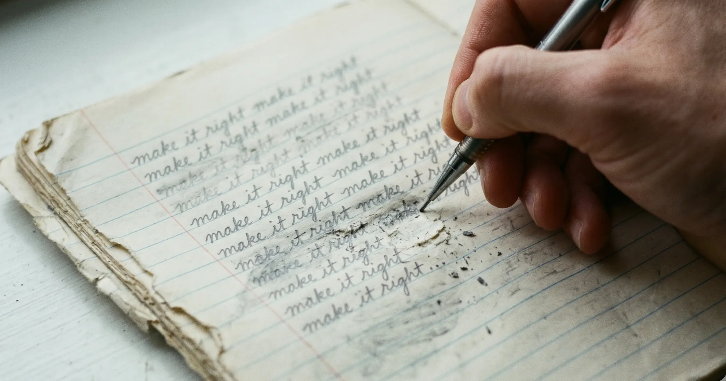 The phrase 'make it right' written repeatedly in cursive on a worn notebook page