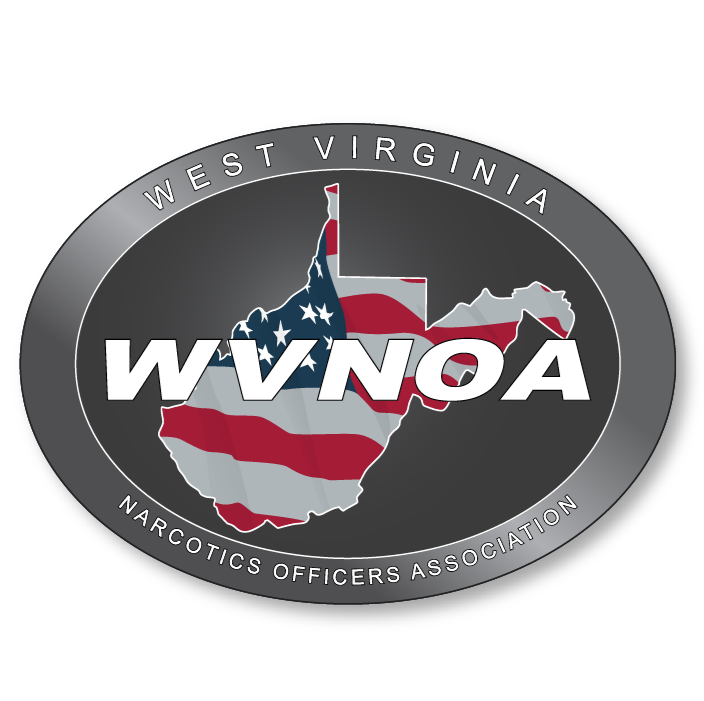 A logo for the West Virginia Narcotics Officers Association featuring the outline of West Virginia with an American flag design inside and the acronym WVNOA across the center.