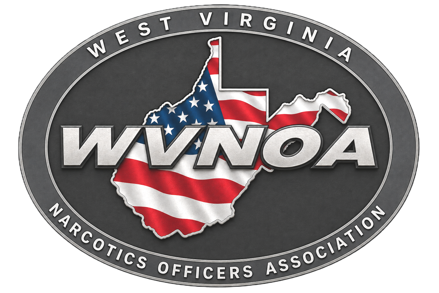 Logo of the West Virginia Narcotics Officers Association featuring a silhouette of West Virginia overlaid with the American flag and the acronym WWNOA.