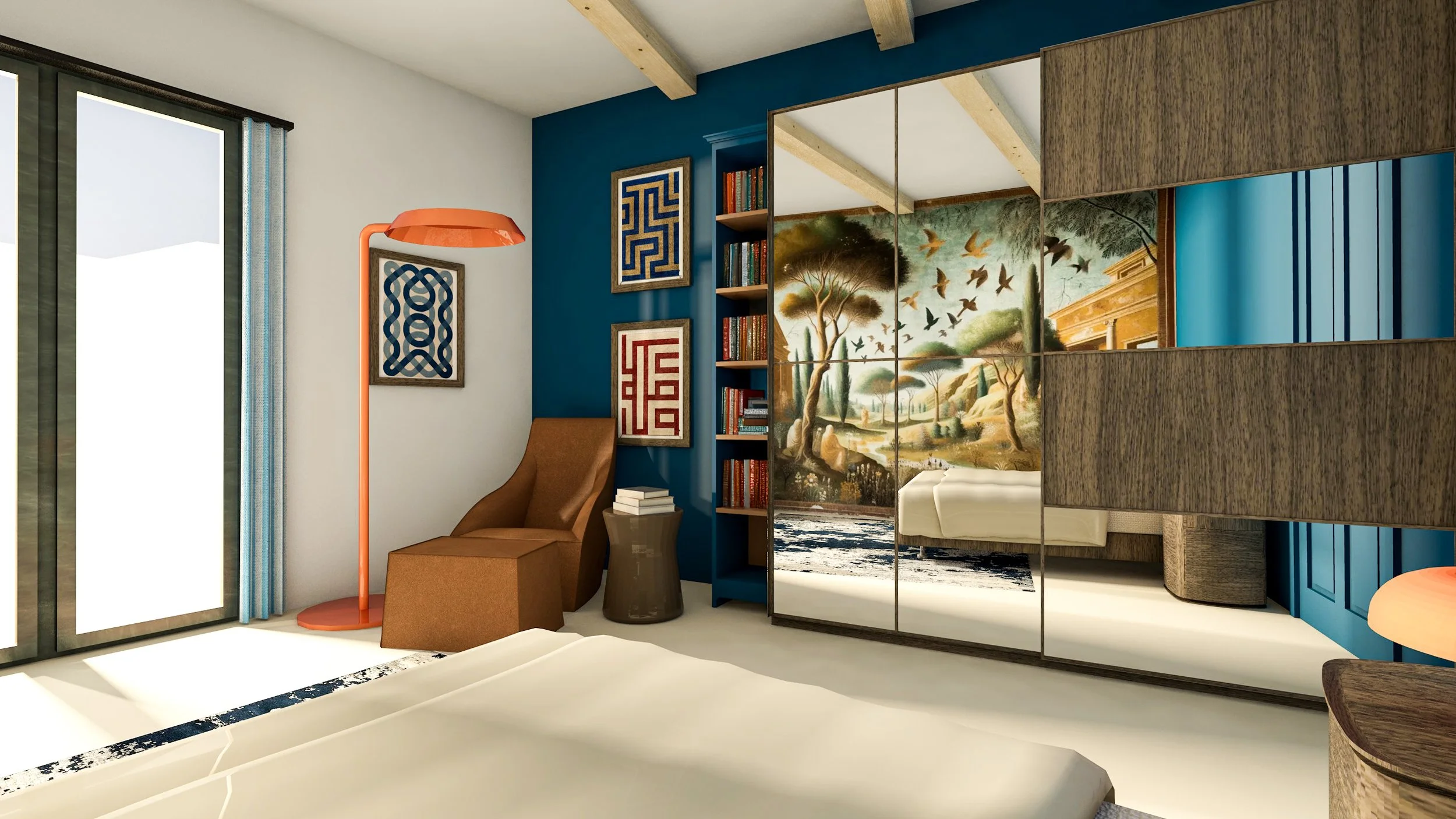 Camera da letto moderna con un armadio a specchi, una sedia marrone, una pianta e una lampada arancione