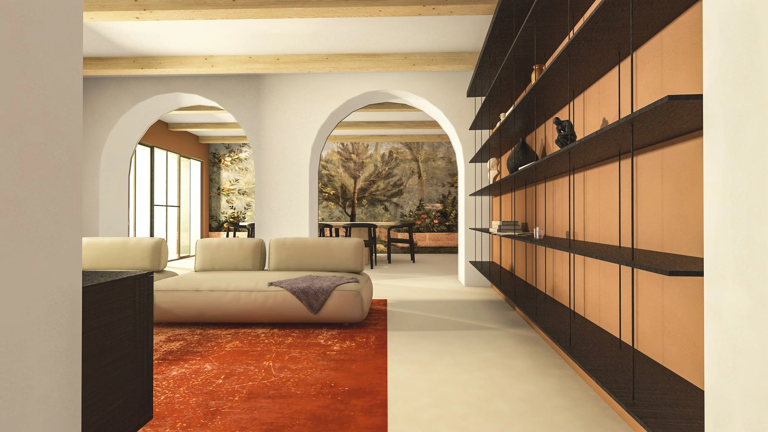 Interno di un salotto con divano beige, tappeto rosso, pareti con archi, scrivania e sedie, libreria con oggetti decorativi e una parete con pittura di paesaggio naturale