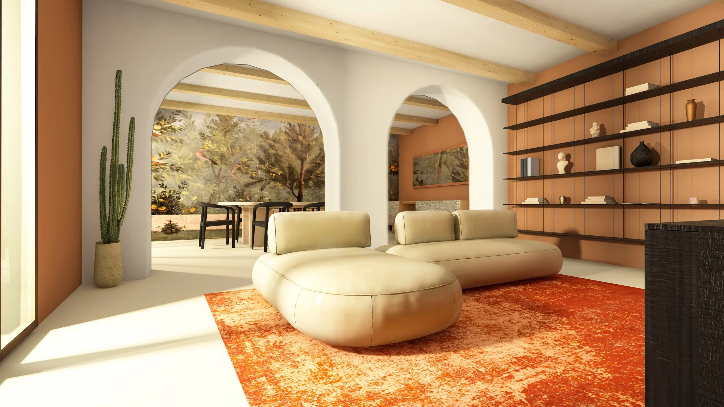 Soggiorno moderno con divano beige, tappeto arancione e scaffali con libri e decorazioni, arredi in stile minimalistico.