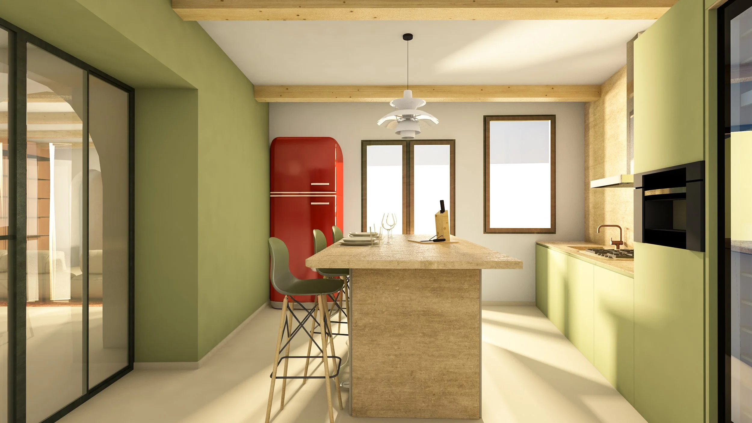 Cucina moderna con mobili verdi e rossi, isola centrale con sgabelli, frigorifero rosso, luci a soffitto, finestre luminose, lavabo e fornelli sul bancone lungo la parete.