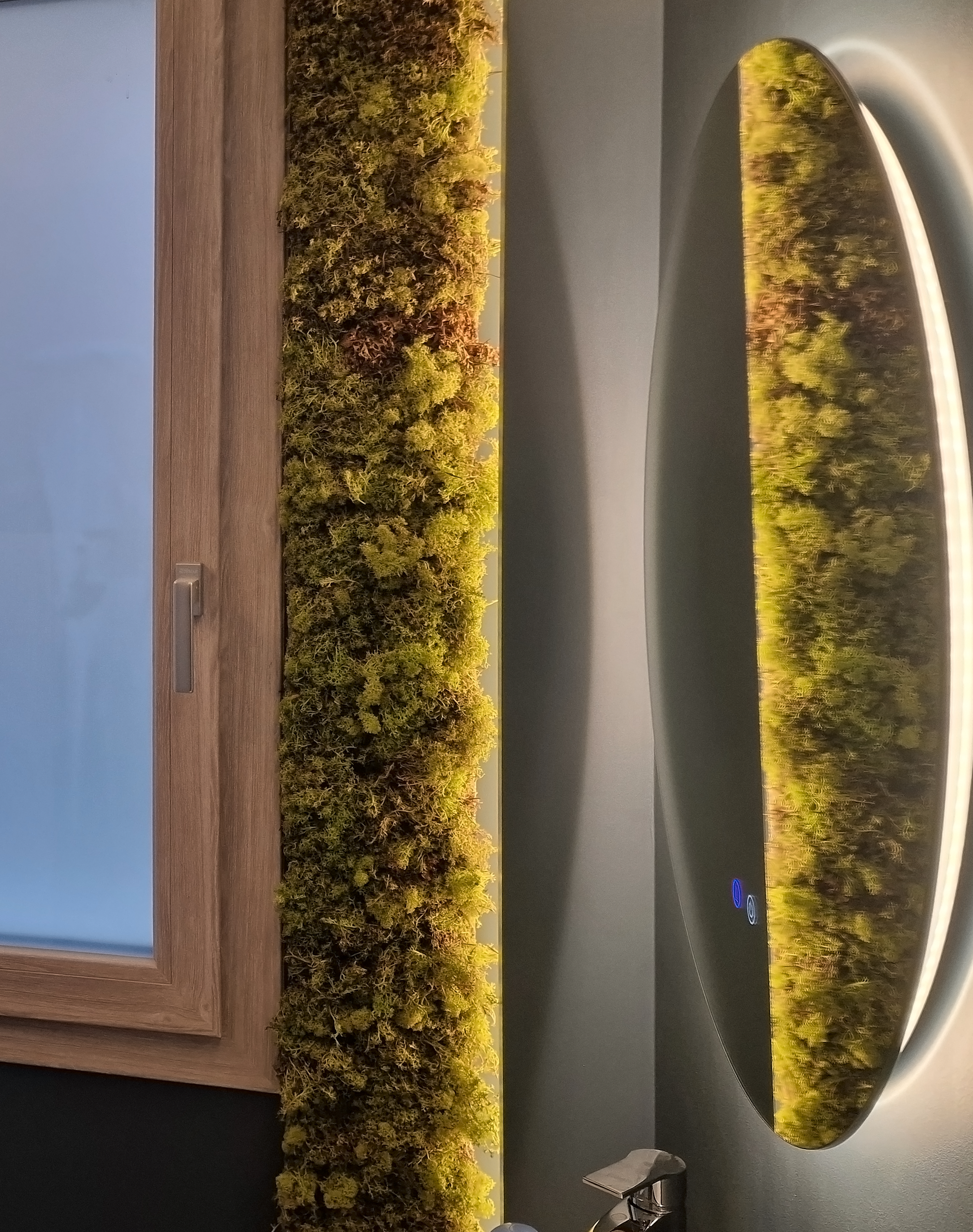 Schermo di un computer con display curvo che mostra immagini di vegetazione, su uno sfondo di piante vere sul tavolo.