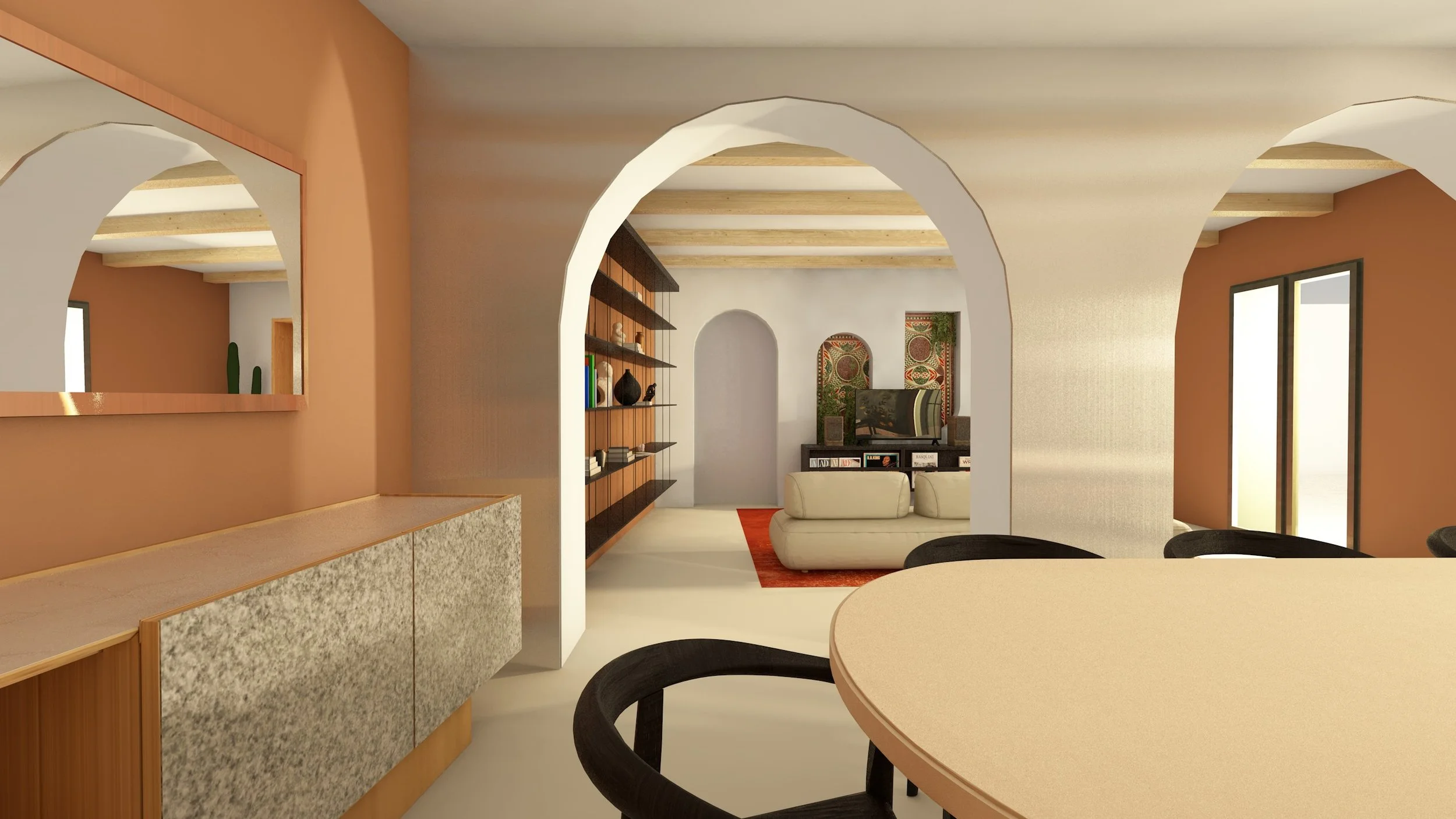 Interno di un ambiente abitativo con pareti color terracotta, archi bianchi, una libreria di legno piena di libri e decorazioni, e un'area soggiorno con divano bianco e televisore.