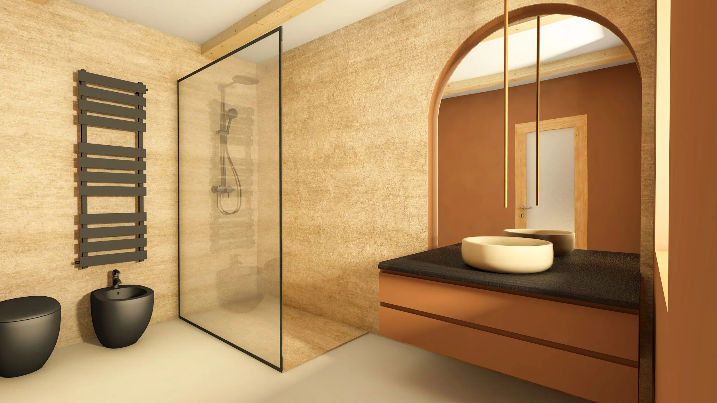 Bagno moderno con pareti beige, lavabo rotondo su mobile in legno e specchio a muro, doccia con parete di vetro, bidet e WC neri.