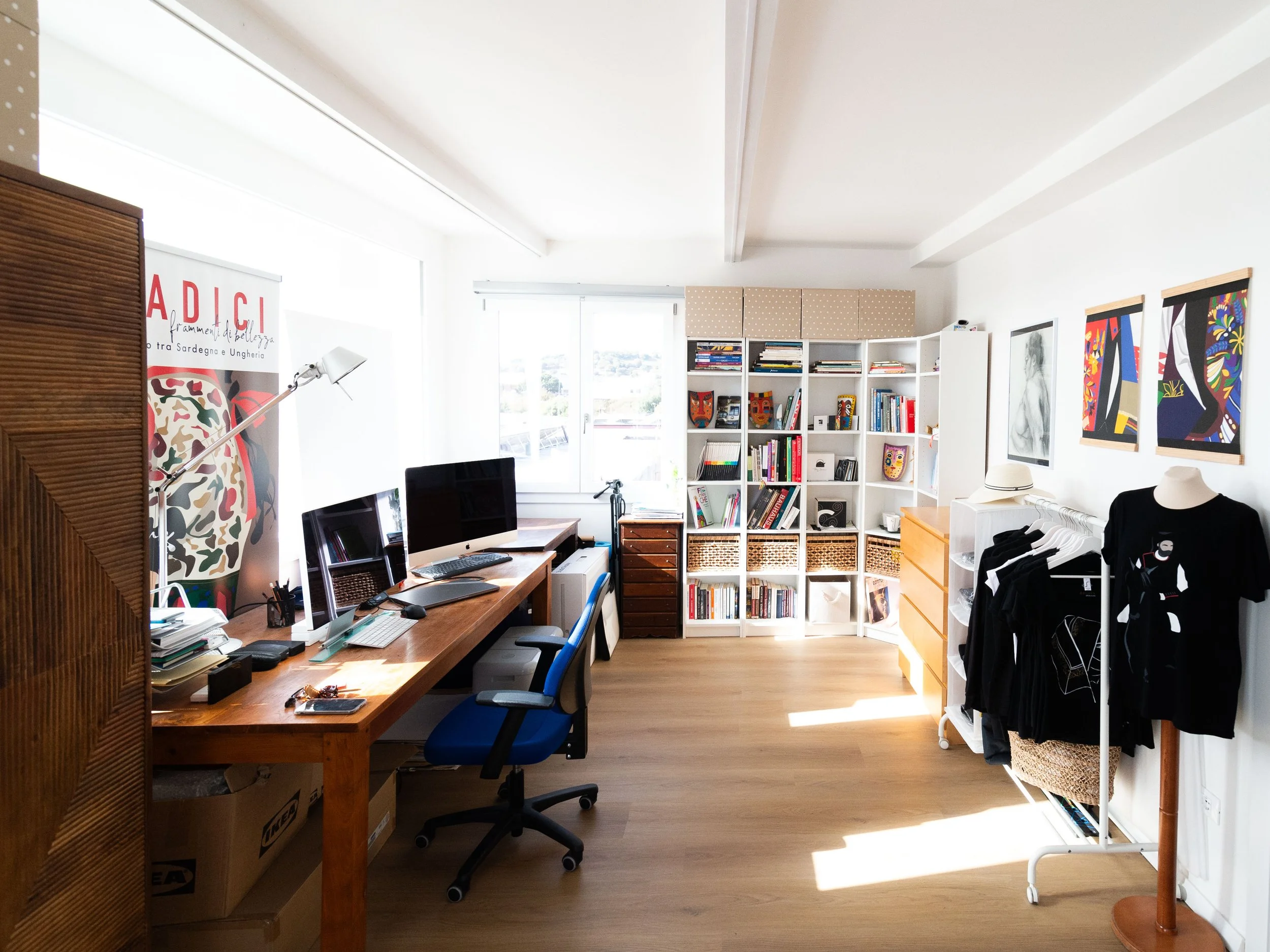 Ufficio con scrivania, due monitor, sedia blu, librerie piene di libri e dipinti colorati alle pareti.