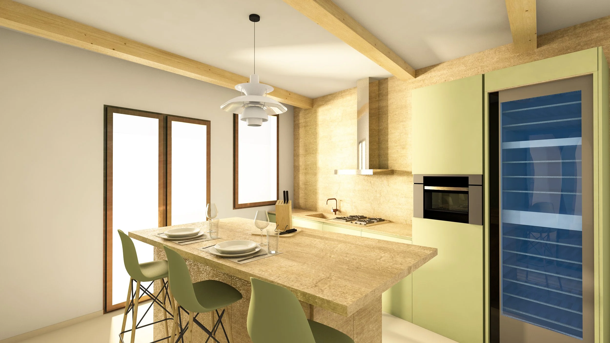 Cucina moderna con isola centrale in pietra, sedie in stile bar, forno integrato, frigo con porta in vetro blu, ampie finestre che illuminano l'ambiente