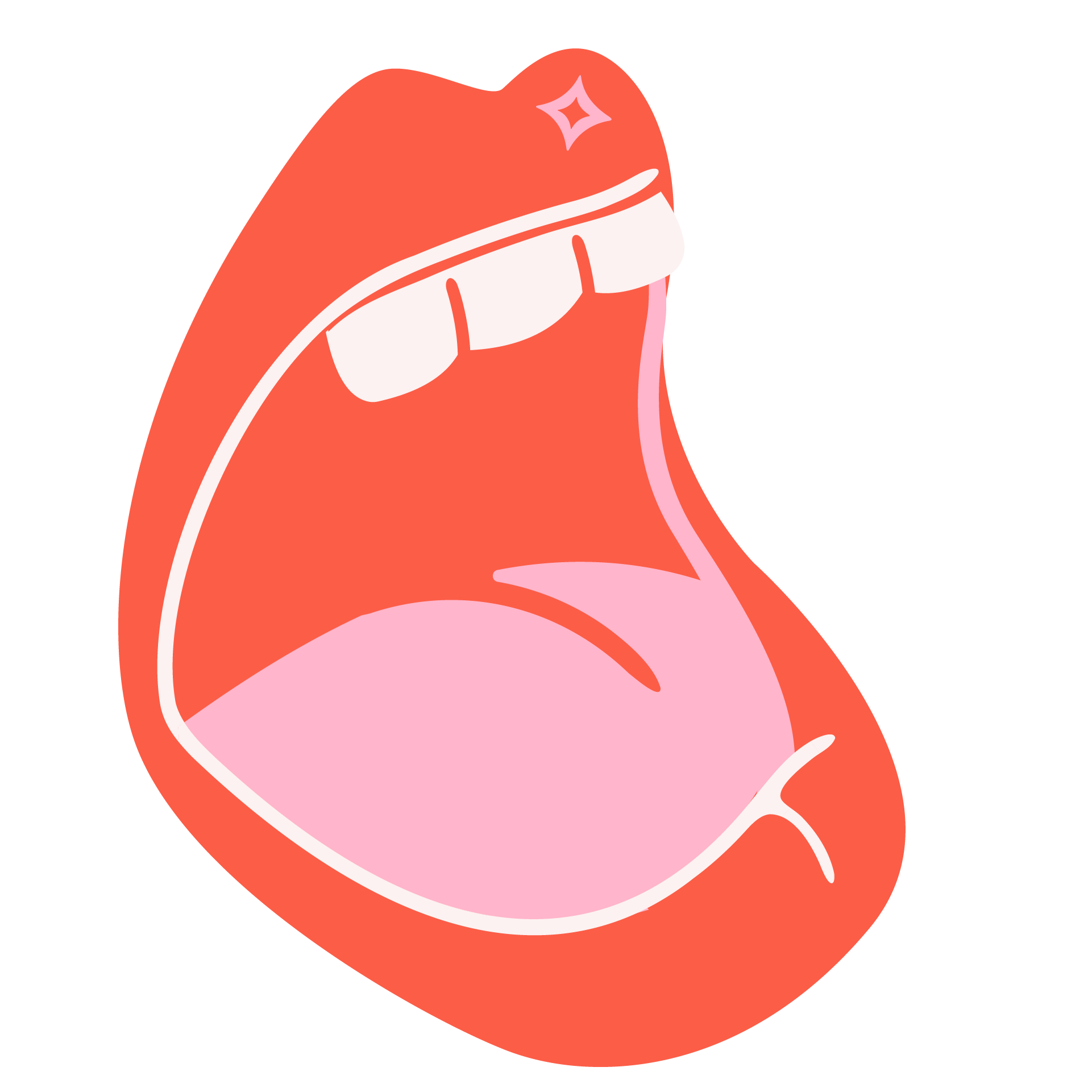 Cartoon illustration of an open mouth with teeth and tongue, with a sparkle near the upper lip.