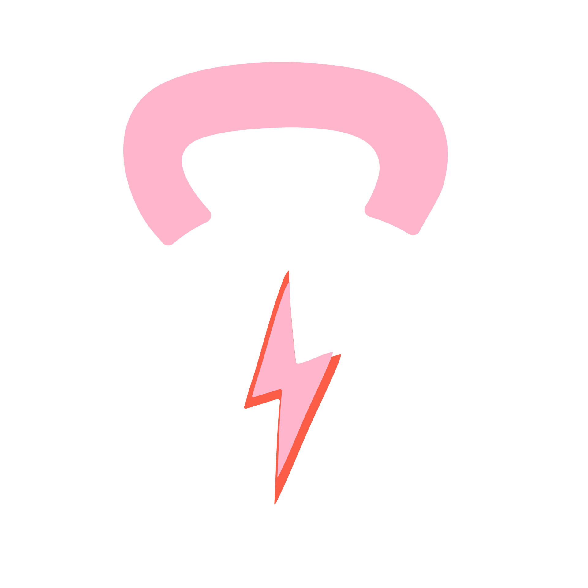 Graphic illustration of a kettlebell with a pink handle and a white body featuring a pink lightning bolt symbol.