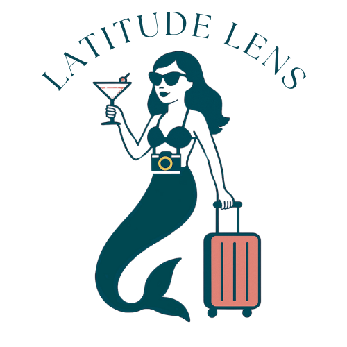 Latitude Lens logo featuring a mermaid holding a suitcase and cocktail