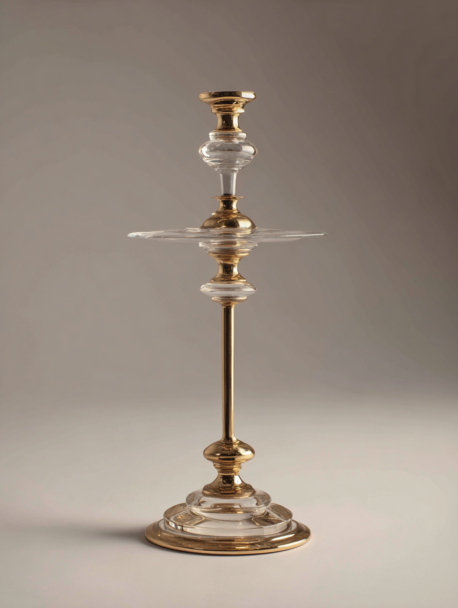 A tall, ornate candlestick holder made of glass and gold-colored metal, with a reflective surface and a wide base, set against a plain neutral background.