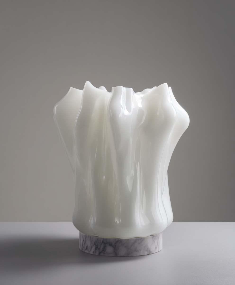 A sculptural lamp resembling melted wax, mounted on a marble base, with a smooth, irregular shape and a glossy white surface.