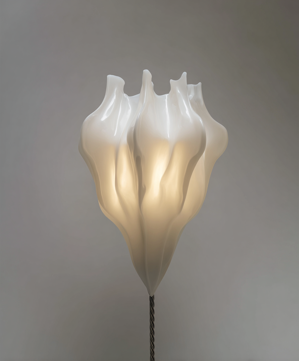 A modern lampshade with an abstract, floral-like design in cream color, mounted on a black twisted cord against a neutral background.