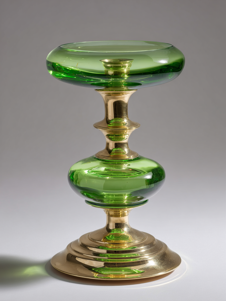 A decorative glass object with green and gold segments, featuring a wide, flat top, a rounded middle section, and a circular base, set against a plain gray background.