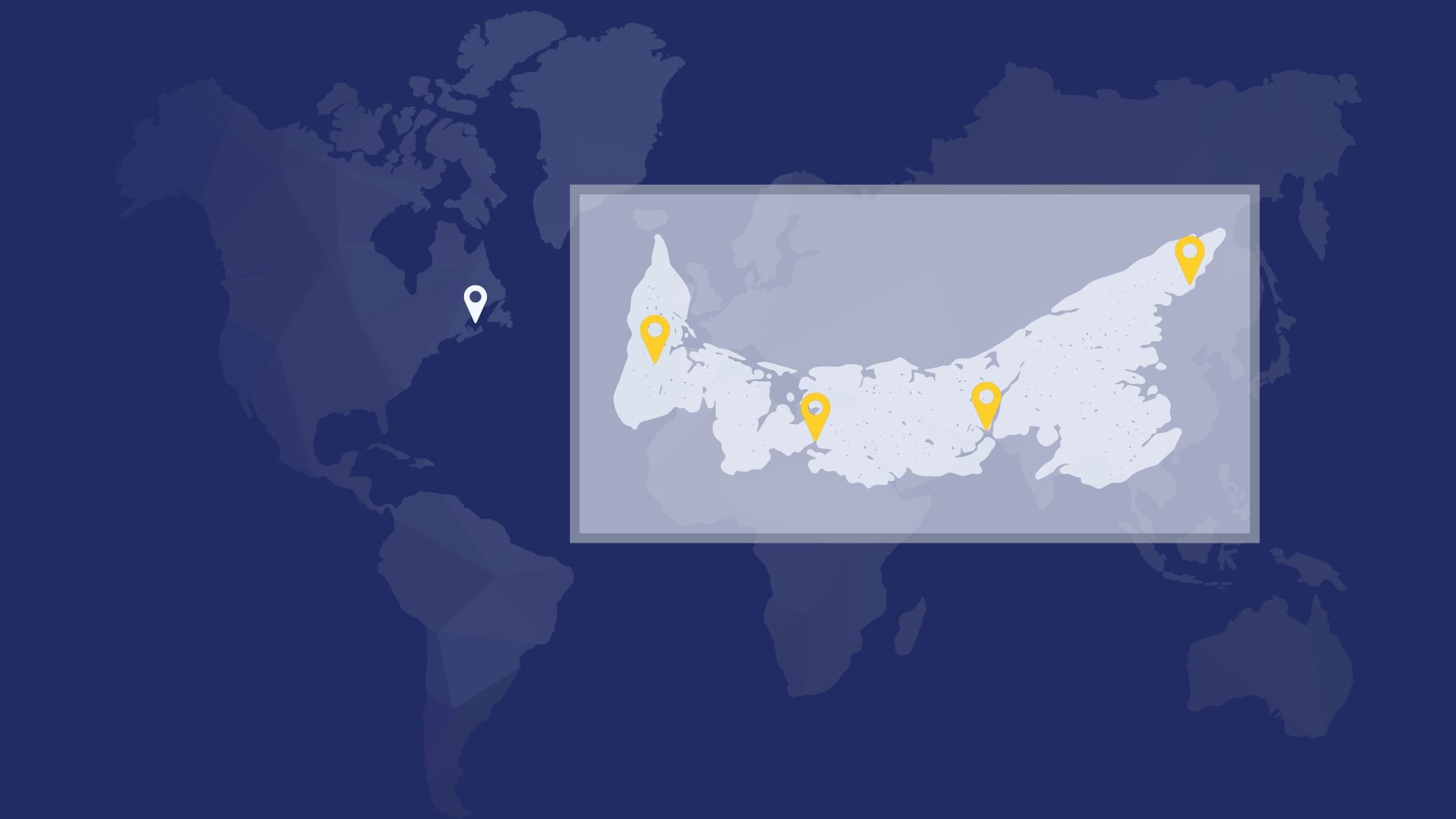 World map highlighting Prince Edward Island, Canada and MRSB's four office locations in the province.