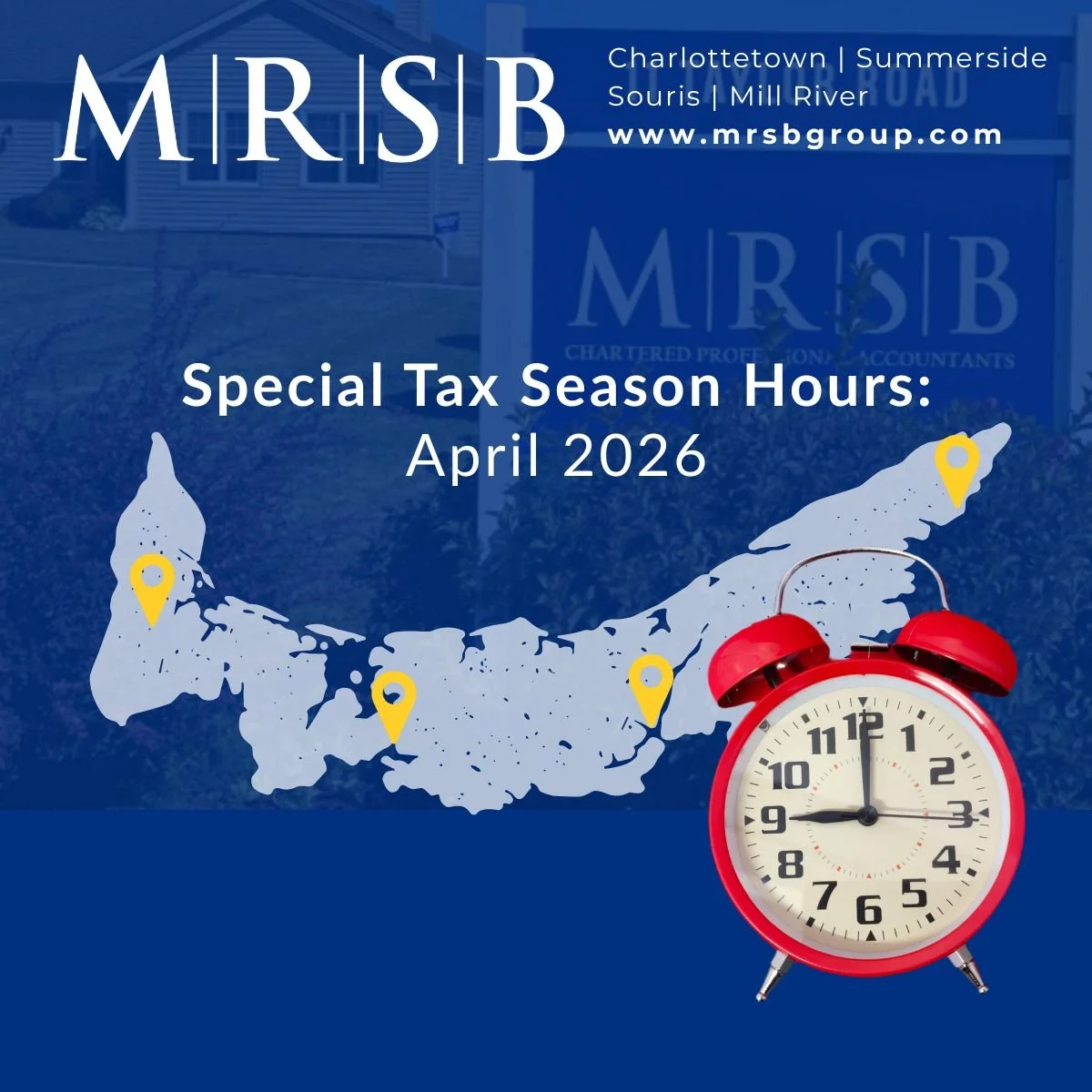 Special Tax Season Hours with a map of PEI showing MRSB's four office locations.