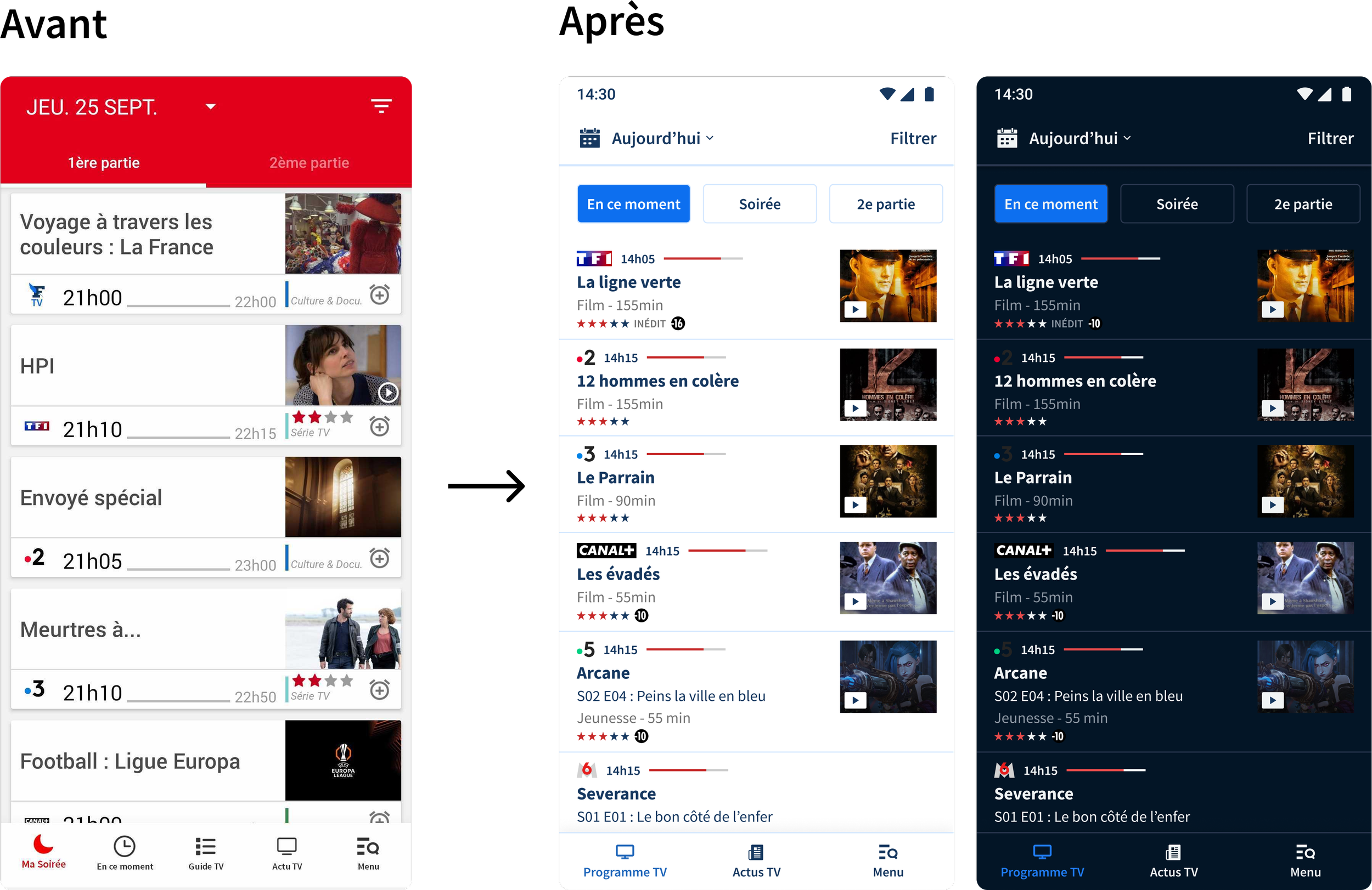 Captures d'écran de l'application télévisée montrant la programmation télévisée pour aujourd'hui, avec des listes de programmes, les horaires et des options de filtrage, affichées en mode clair et foncé.