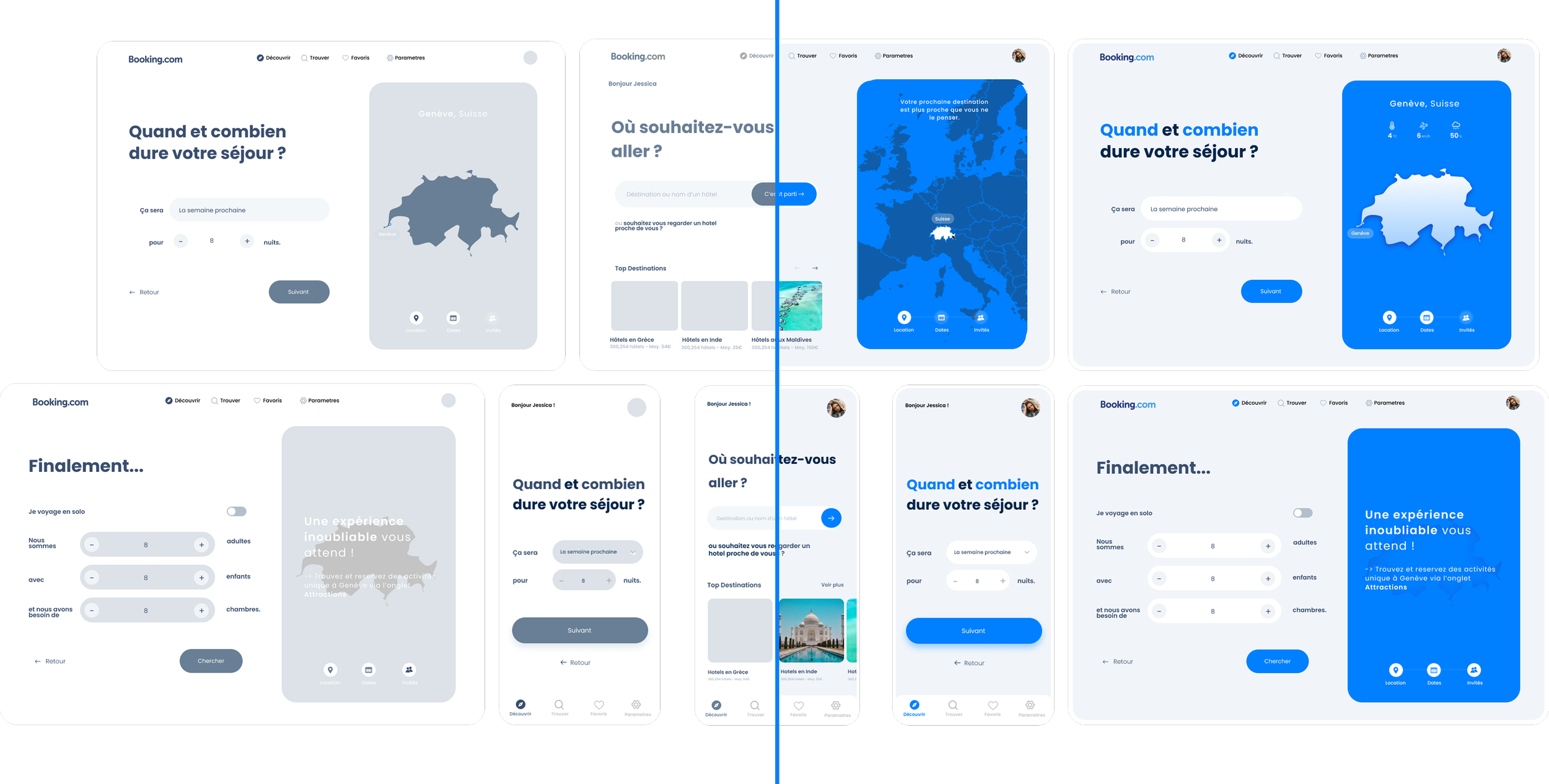Capture d'écran de l'interface de réservation de Booking.com affichant différentes étapes de la planification d'un séjour. Inclut des options pour sélectionner la durée, la destination, le nombre de personnes et des propositions de top destinations e