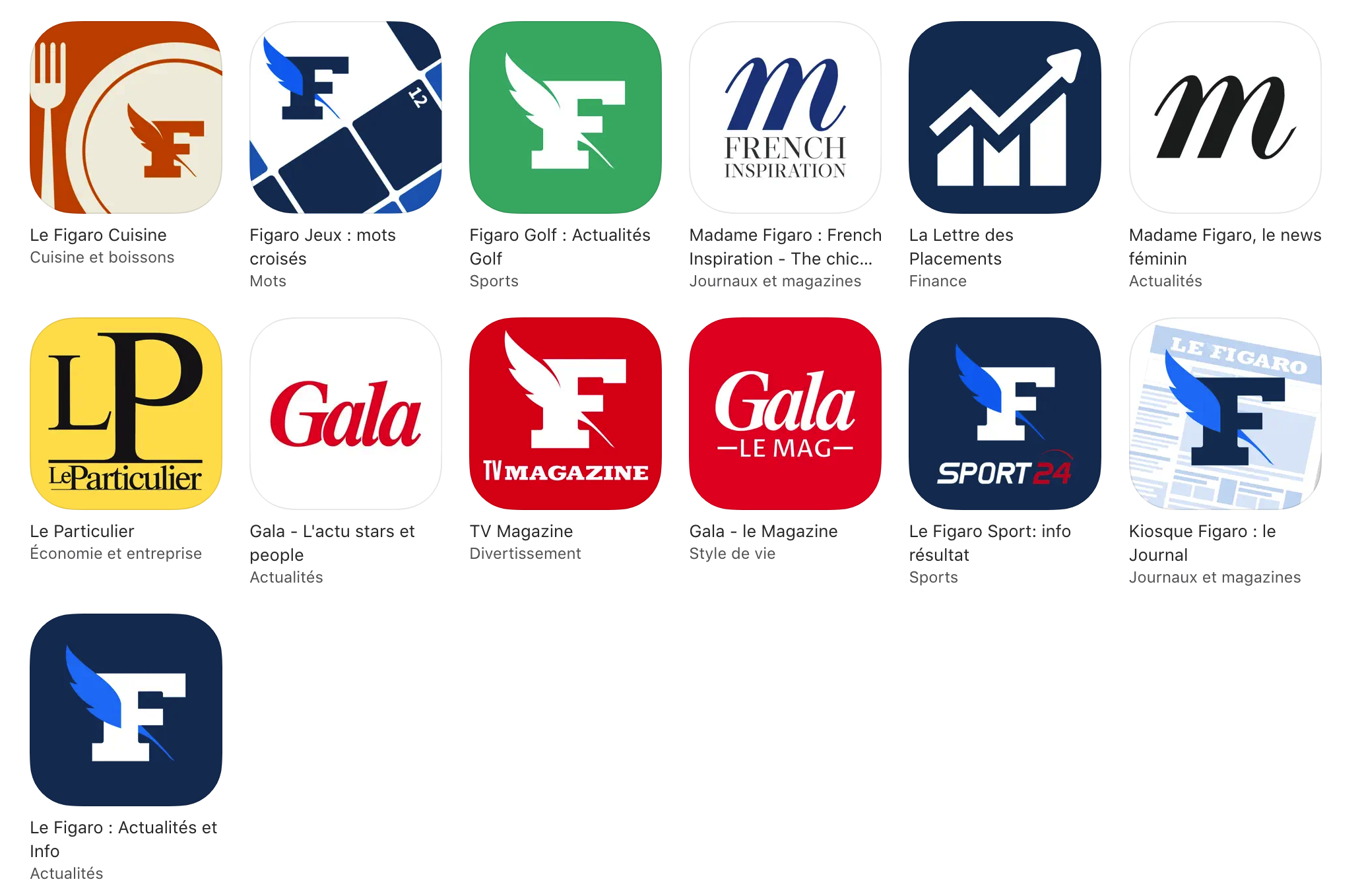 Collection d'icônes d'applications et magazines, représentant des thèmes culinaires, sport, finance, actualités, magazine, divertissement, style de vie, économie, entreprise, journal, et sports, avec différents logos et designs pour chaque publication.